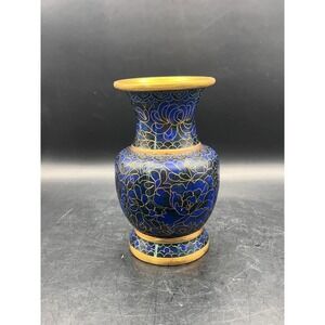Vintage Cloisonne Vase Oriental Floral Blue Gold Small Decorative‎ Vase 5.25"